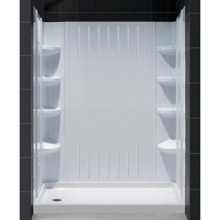 Go to store & view more images DreamLine 34 in. D x 60 in. W x 75 5/8 in. H Right Drain Acrylic Shower Base and QWALL-3 Backwall Kit In White
