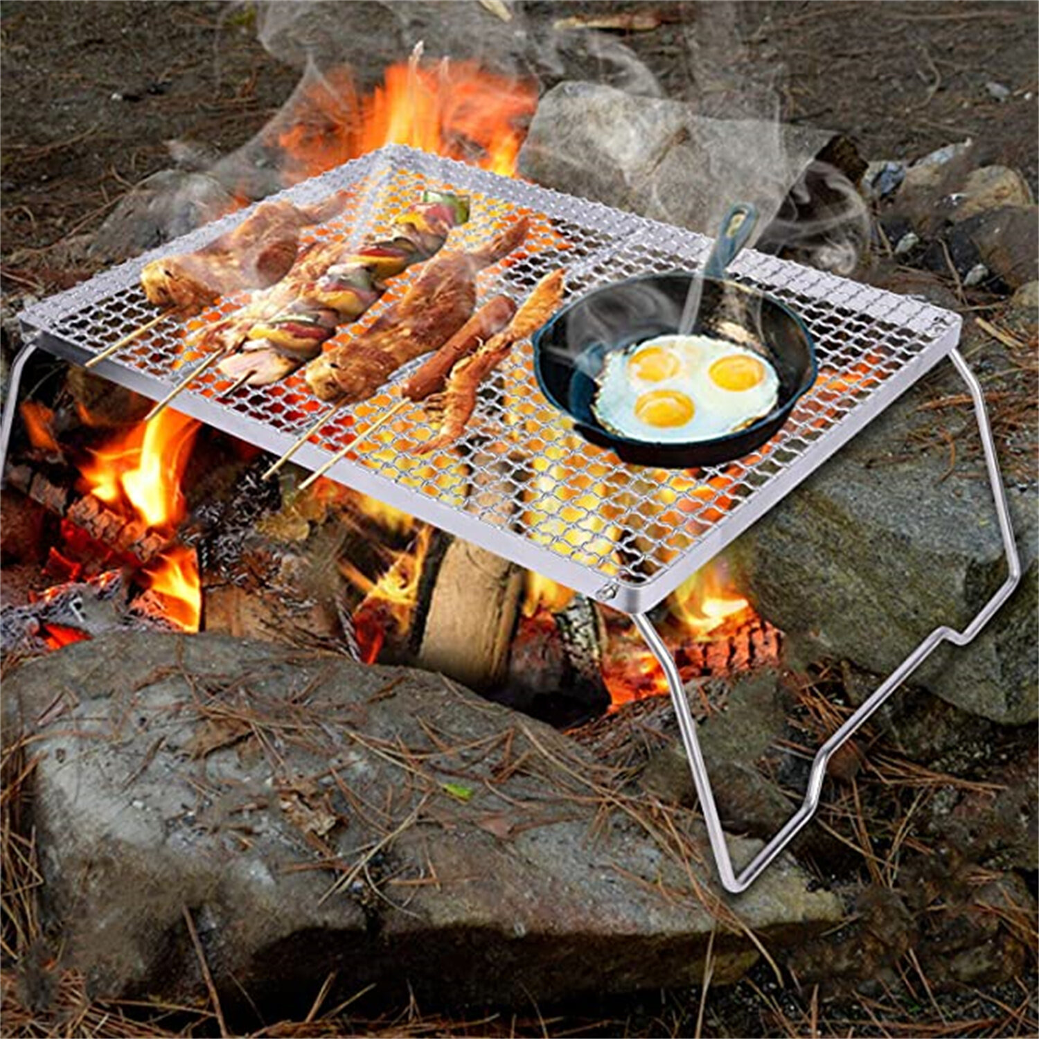 REDCAMP Folding Campfire Cooking Grill 304 Stainless Steel Grate Heavy   Folding Campfire Cooking Grill 304 Stainless Steel Grate Heavy Duty Portable Camping Grill With Carrying Bagsilver Large Mesh 