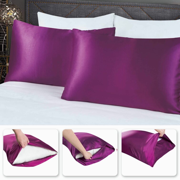 Decorative Bed Pillowcase Romantic Flower Lavender Satin Pillowcase for Hair and Skin King Size Cooling Pillow Shams Soft Pillow Cover with Envelope Closure