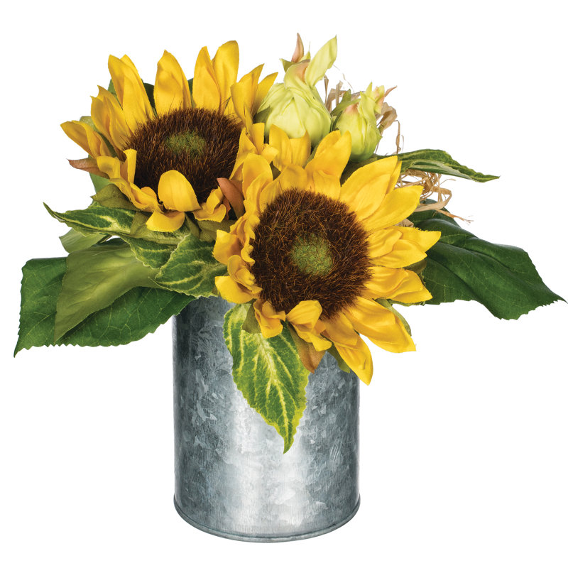 August Grove® Sunflower Centerpiece in Galvanized Tin Pot