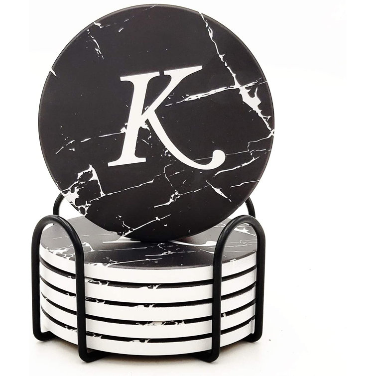 Monogrammed Coasters For Drinks Absorbents With Holder Set Of 6 Ceramic Marble 