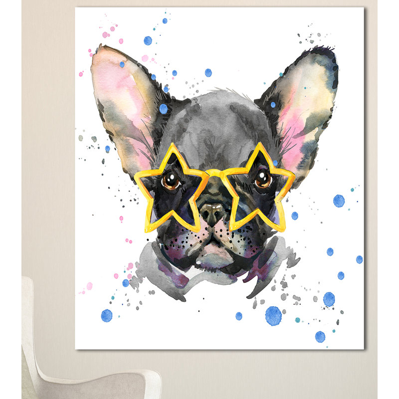 Designart Black French Bulldog With Stars Painting Print On