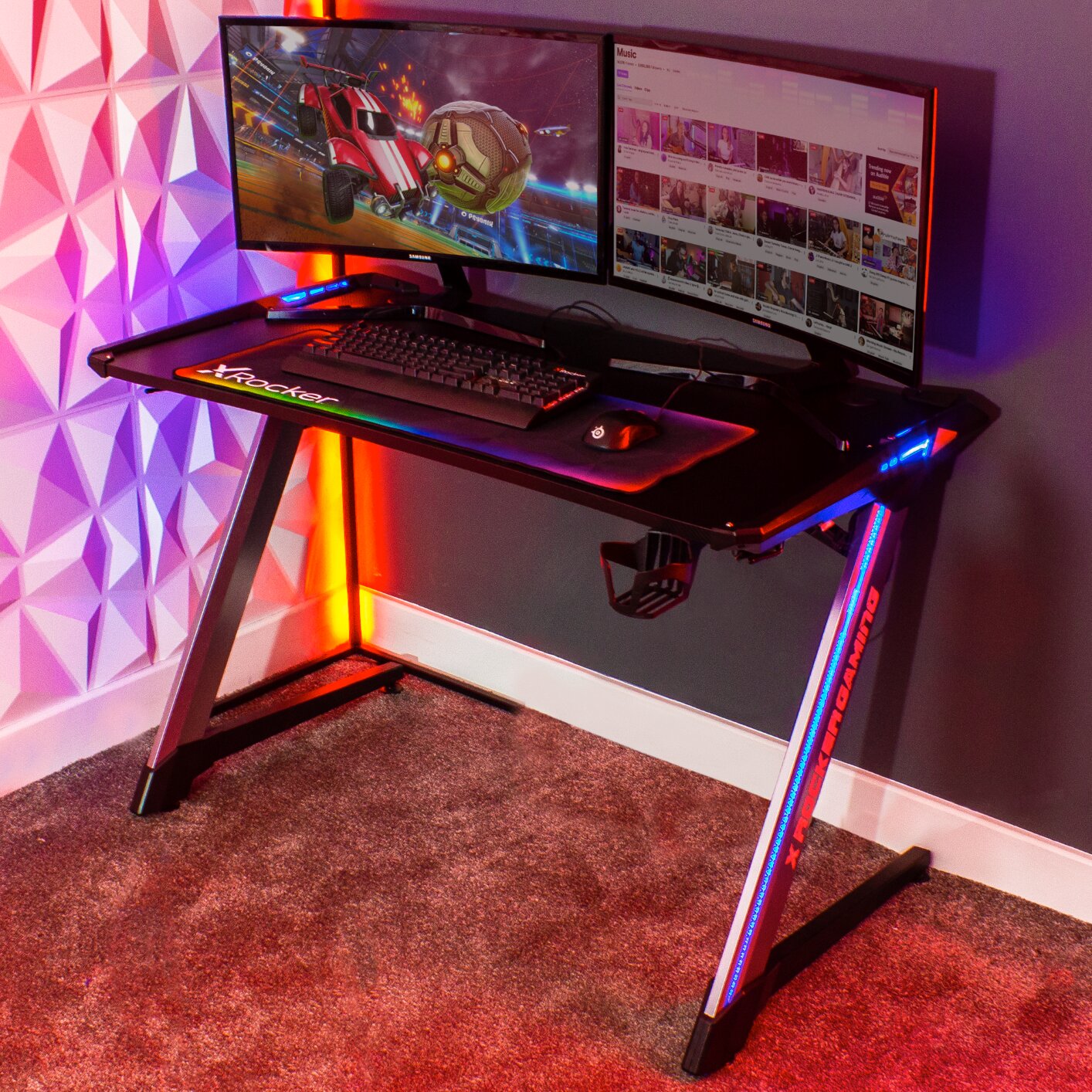 X-Rocker Lynx Large Gaming Desk with RGB LED Light with Touch Panel & FREE Mousepad Included 