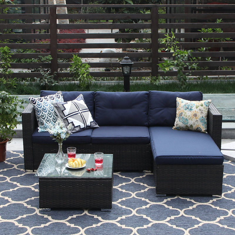 Wrought Studio Steward Outdoor 3 Piece Rattan Sectional Sofa Set