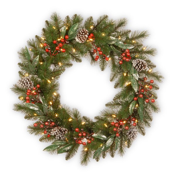 Christmas Wreath with Deco Rattan Lights & Ornaments 11" LED Lit Door Wall Decor 