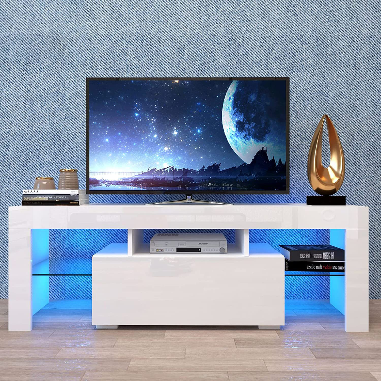 Modern TV Stand Colorful LED Light Media Storage Console Cabinet High Gloss 51" 