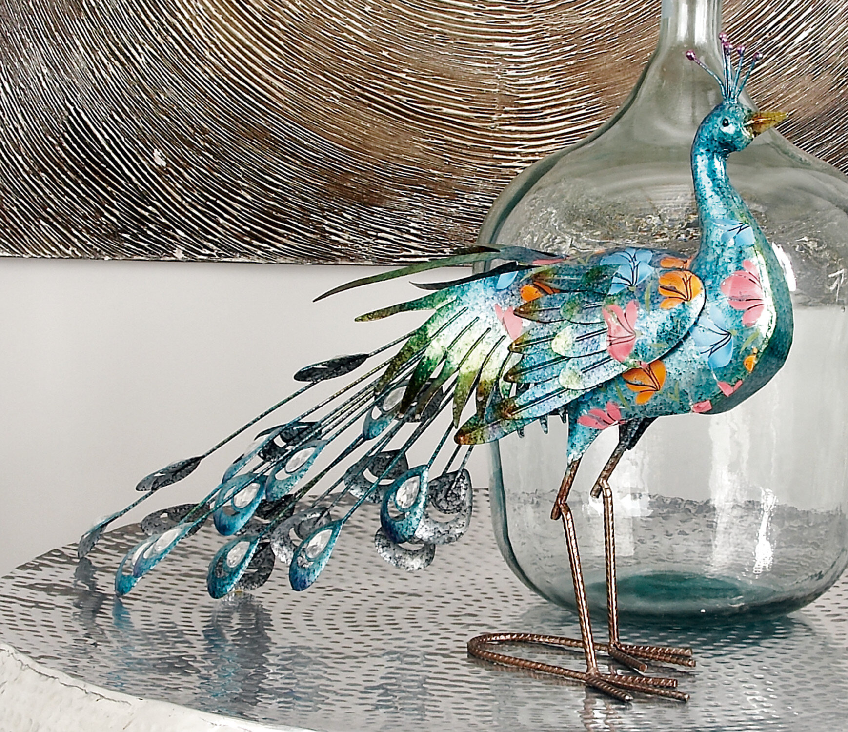 Peacock Hand Made Glass Figurine with long tail feathers wildlife Home Decor 