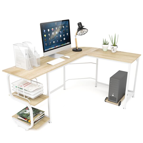 Teraves Modern L Shaped Desk with Shelves,Computer Desk/Gaming Desk for Home Office,Corner Desk with Large Desktop Teak+Black Frame, Small+4 Tier Shelves 