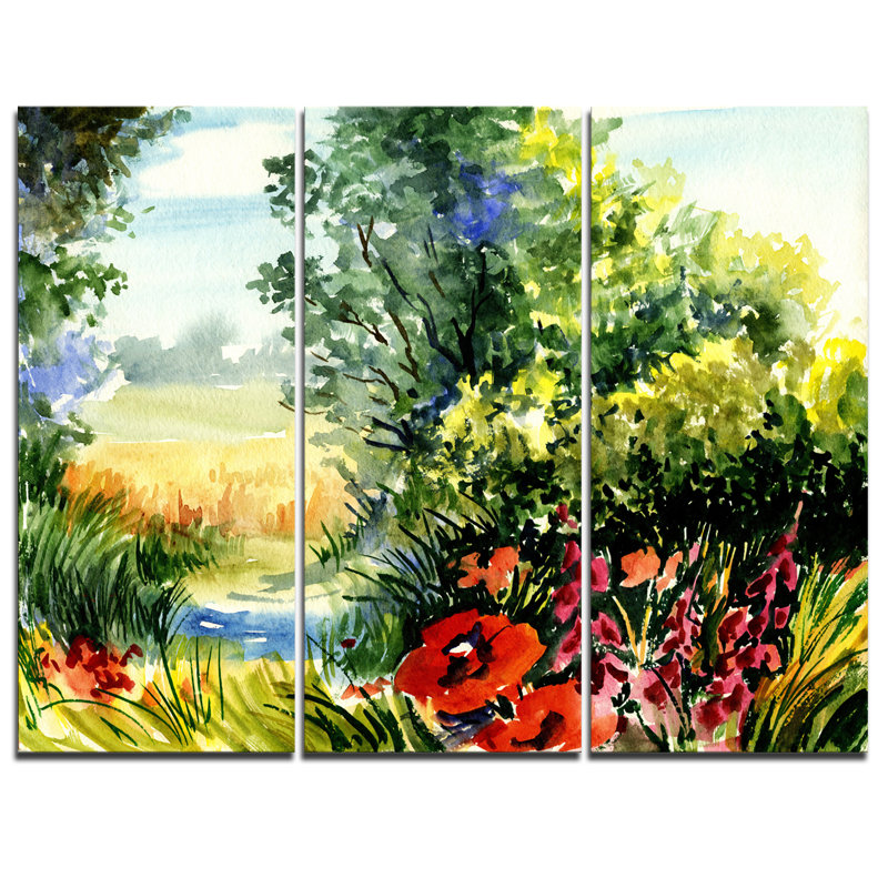 Designart Watercolor Landscape With Flowers 3 Piece Graphic Art On Wrapped Canvas Set Wayfair