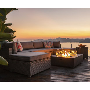 Pool for Garden Backyard Warm Gray Wicker Thick Cushion Sofa w 35-inch Square Gas Fire Table 50,000 BTU COSIEST 5-Piece Faux Brown Propane Fire Pit Outdoor Furniture Brown Chairs