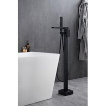 TURS Freestanding Bathtub Faucet Tub Waterfall Filler Floor Mount Bathroom Faucets Black Tap Single Handle with Hand Shower