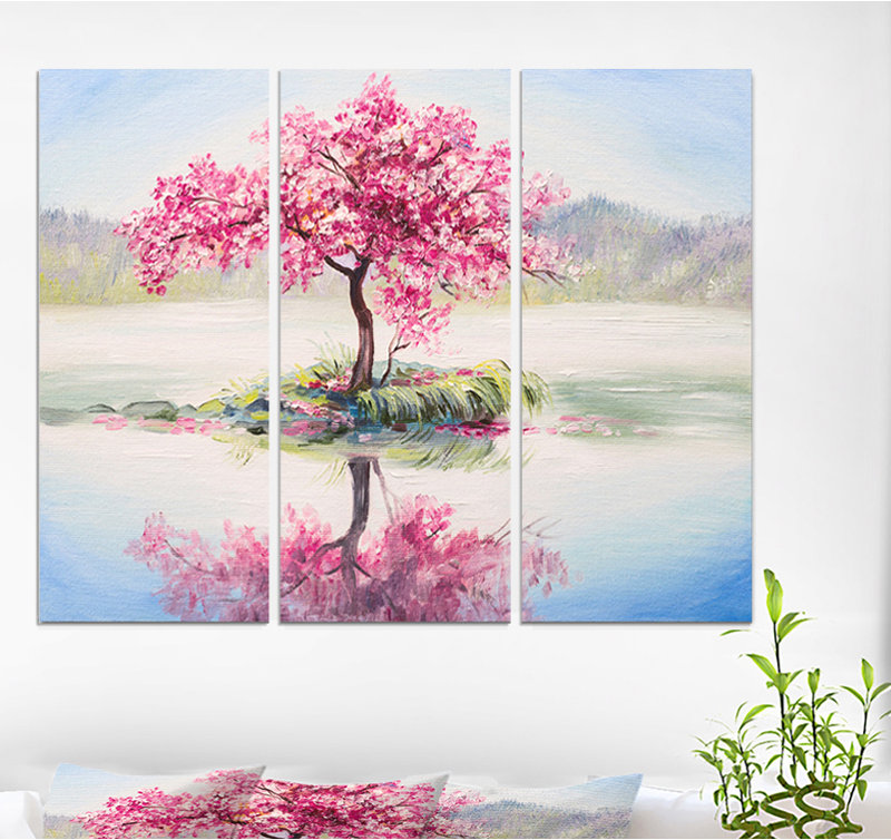 East Urban Home Sakura On The Lake Oil Painting Print Multi
