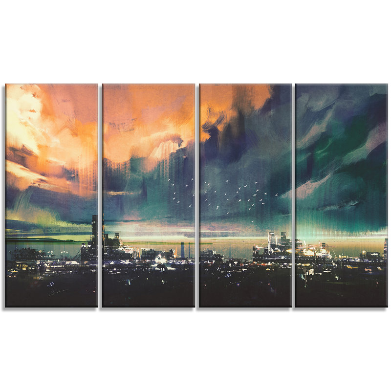 Designart Abstract Sci Fi City Watercolor 4 Piece Graphic Art On