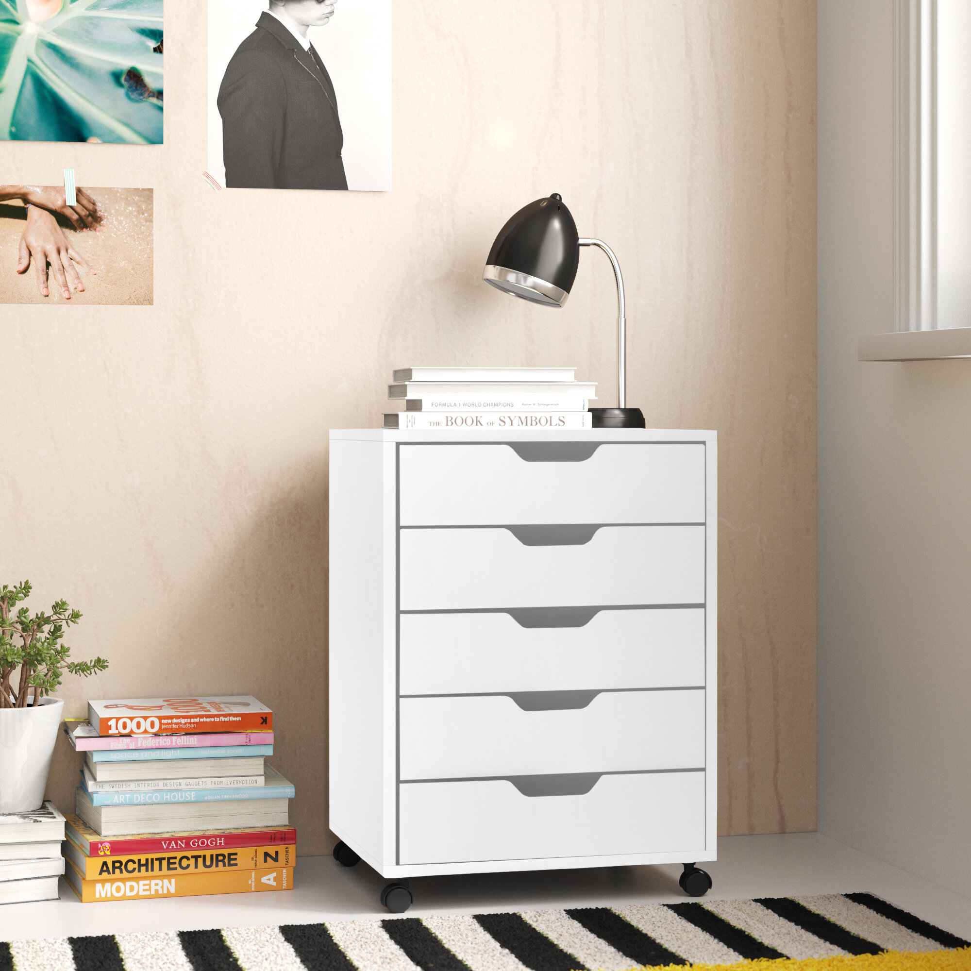 Mobile Storage Cabinet for Closet and Office for Home Office Living Room Wooden Storage Cabinet 5-Drawer Wood Filing Cabinet White Color