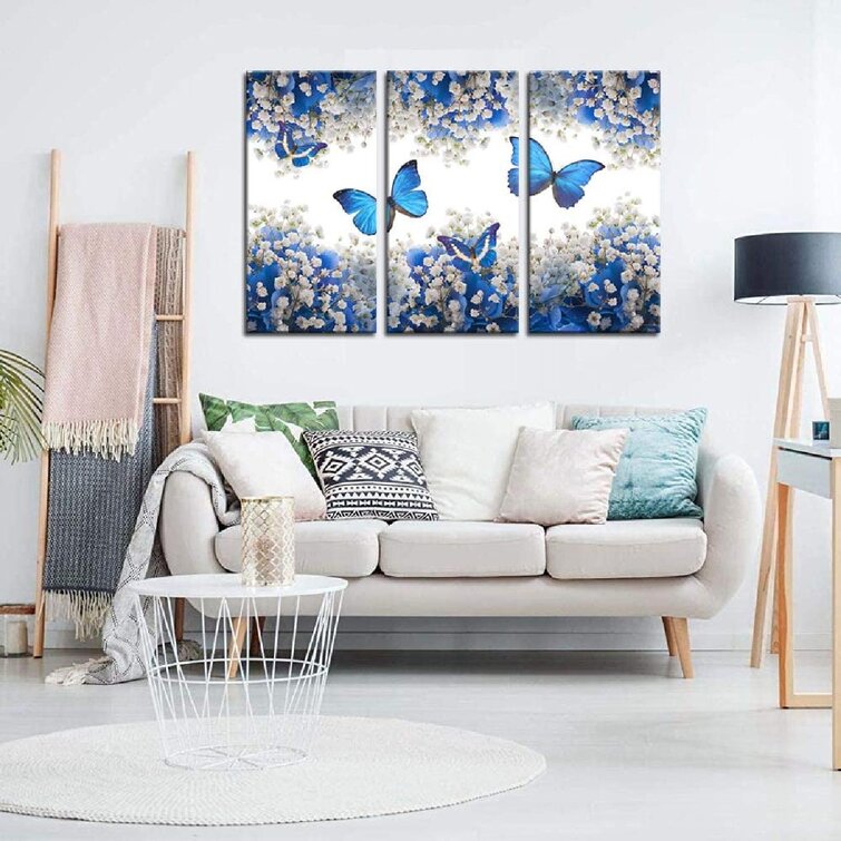 Blue Floral Prints Set of 3 Wall Art Floral Blue Butterfly and Flowers Wall Art Print