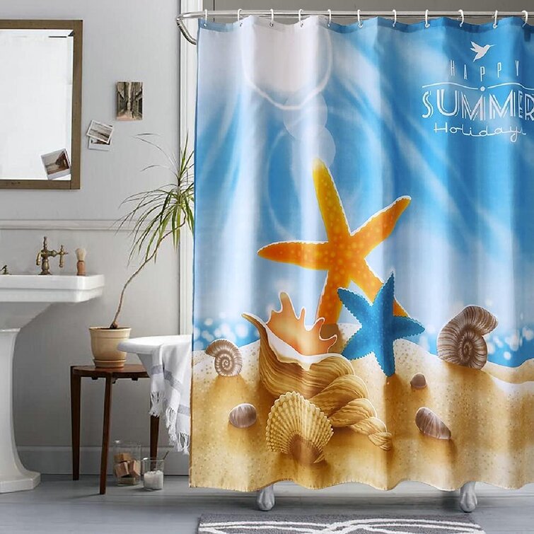 Sea Turtles and Starfish At Ocean Sandy Beach Shower Curtain for Bathroom & Hook 