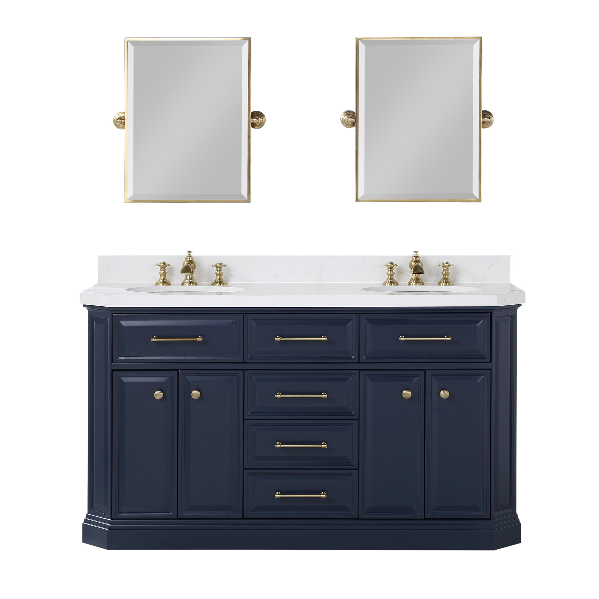 Gold Flamingo Caius 60 In Double Sink White Quartz Countertop Vanity In Monarch Blue With Waterfall Faucets And Mirrors Wayfair
