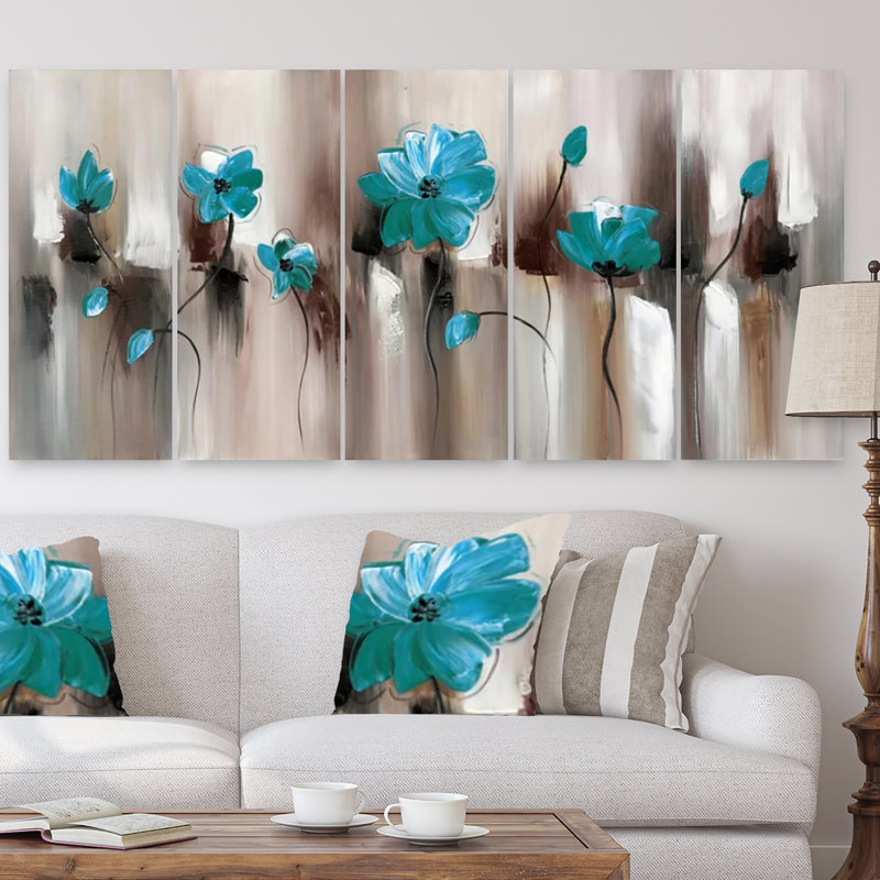 Ebern Designs Turquoise Green Modern Flower Art 5 Piece Painting