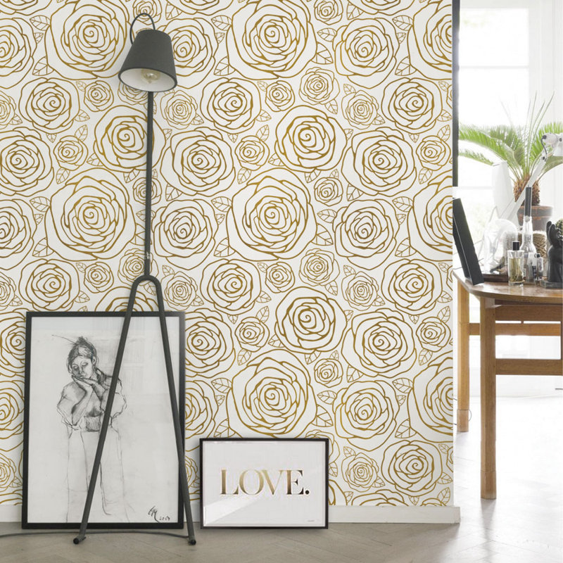 House of Hampton® Jhonson Gold Roses Paintable Peel and