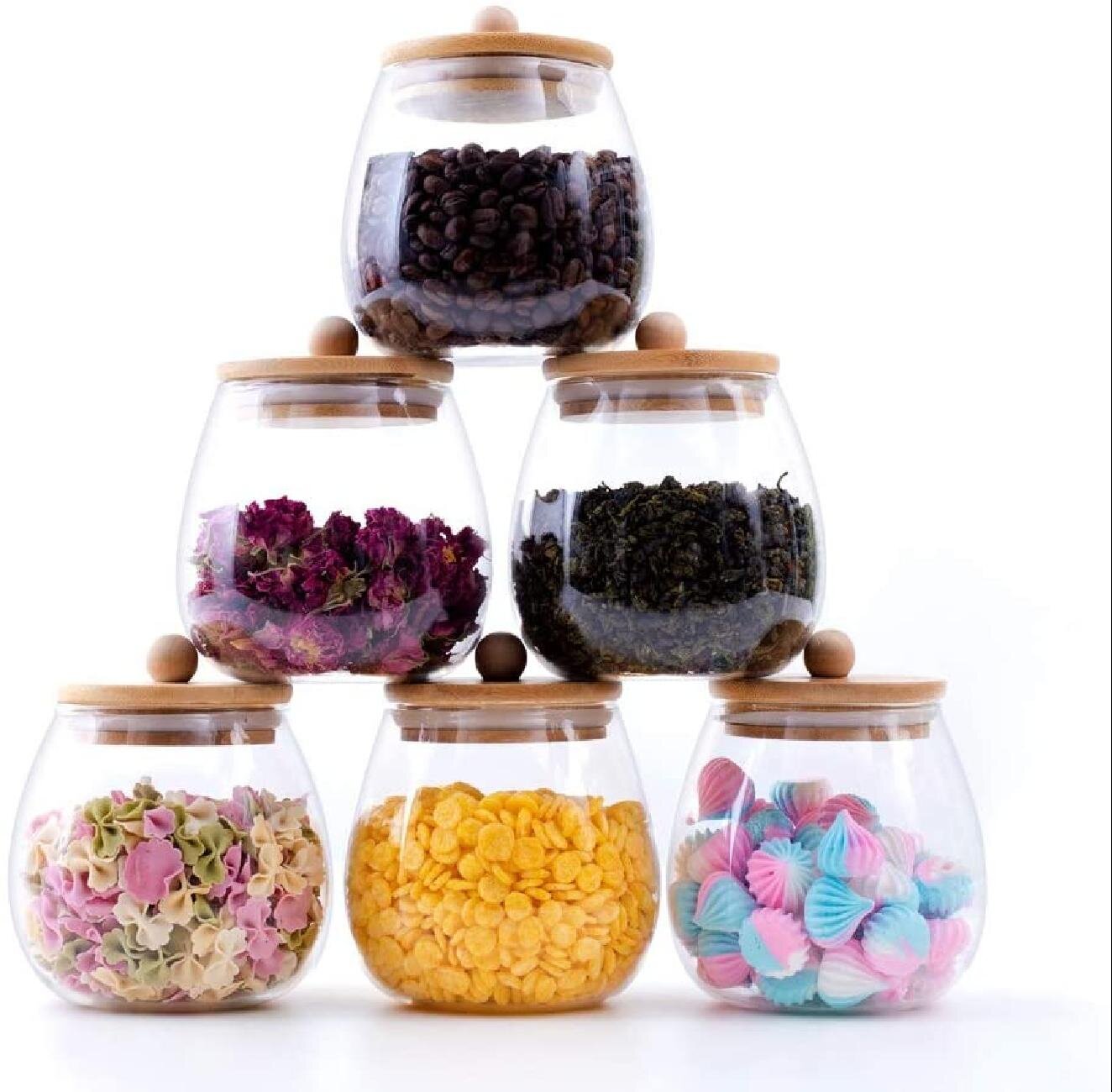 Glass Jars Canisters Set Colorful Flower Food Storage Containers w/ Bamboo Lid