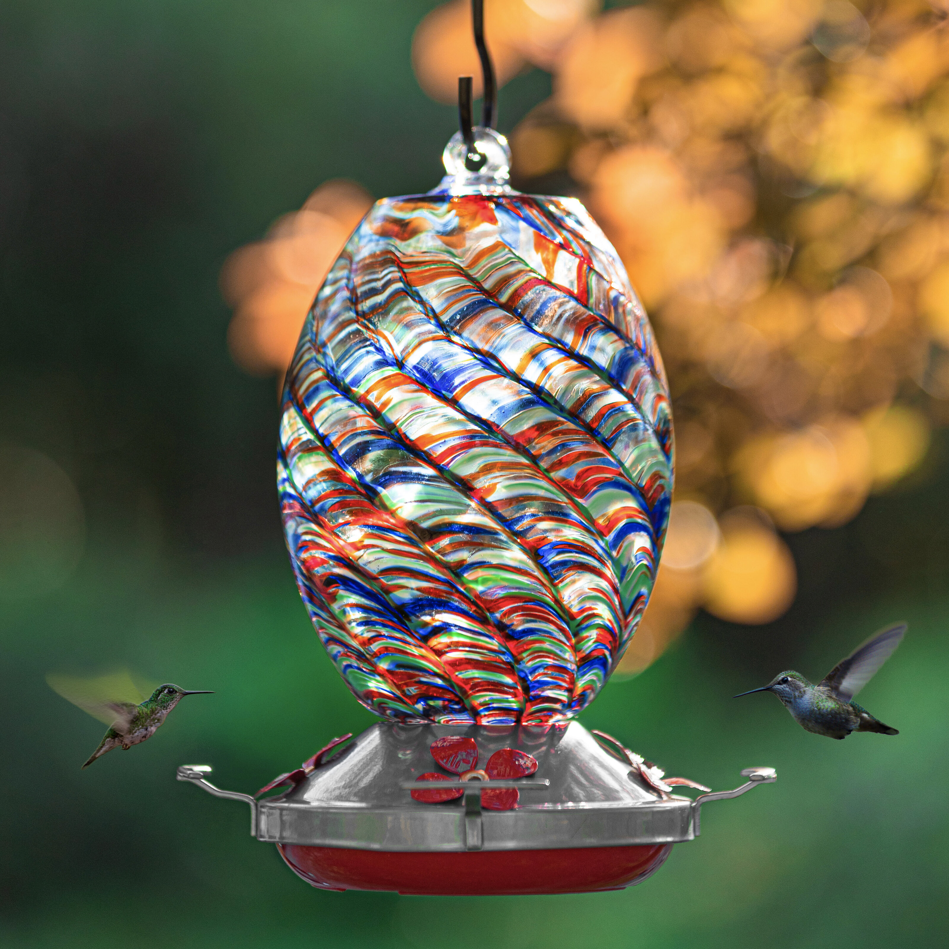 Hand Blown Glass Humming Bird Feeder Include Hanging Wires and Ant Moat Hummingbird Feeder for Outdoors 32 Fluid Ounces Premium Bird Feeders of Leak Proof and Non-Toxic with Luminous Mode