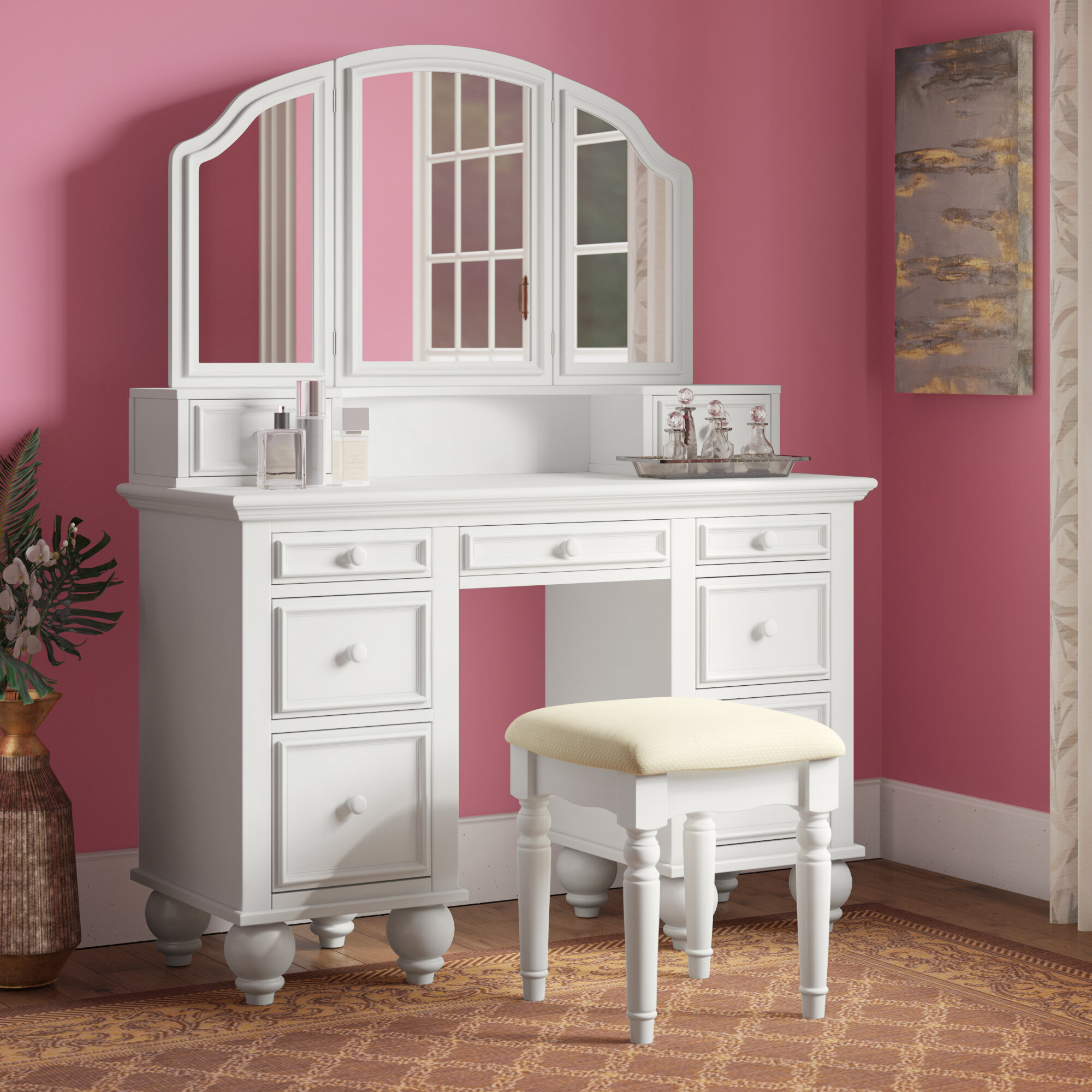 Everly Quinn Fortner Vanity Set With Stool And Mirror Reviews Wayfair