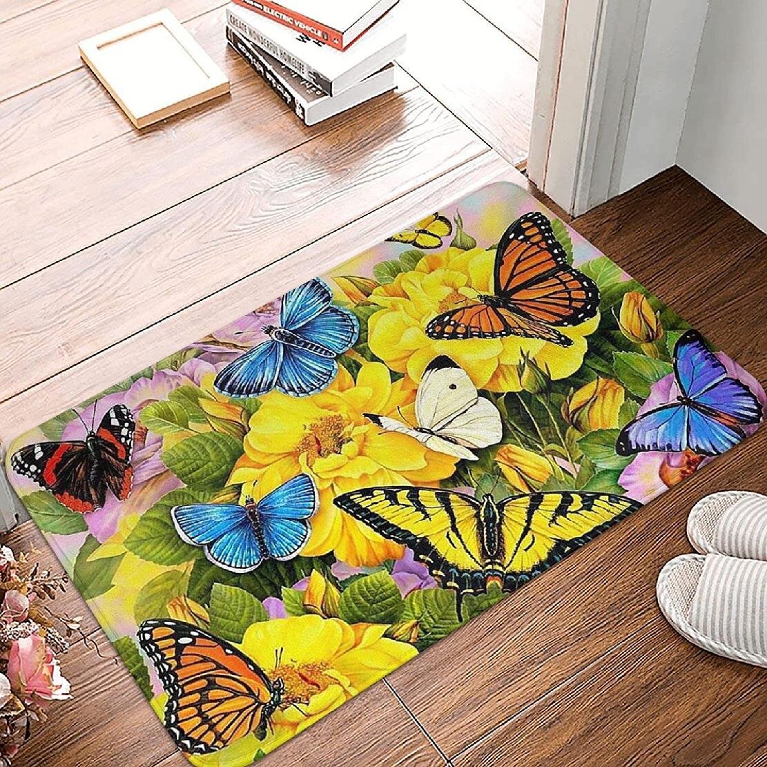 Butterfly & flower Nature Theme Non Slip Flannel Shower Rug Bath Mat Door Carpet 