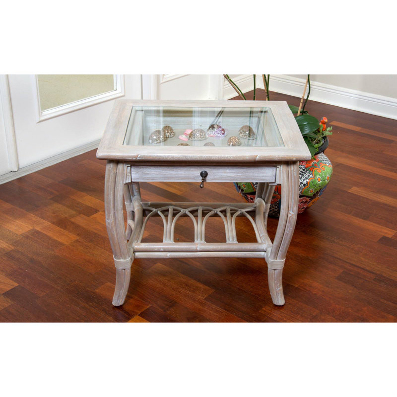 bay isle home presley glass top end table with drawer reviews wayfair