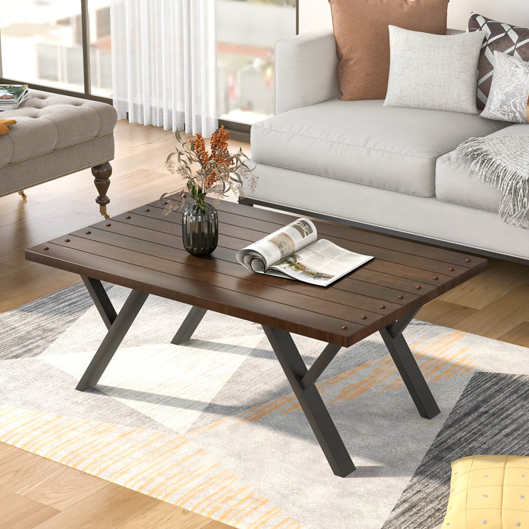 Gracie Oaks Rustic Coffee Table Wood Top And Metal Legs Table For Living Room Wayfair