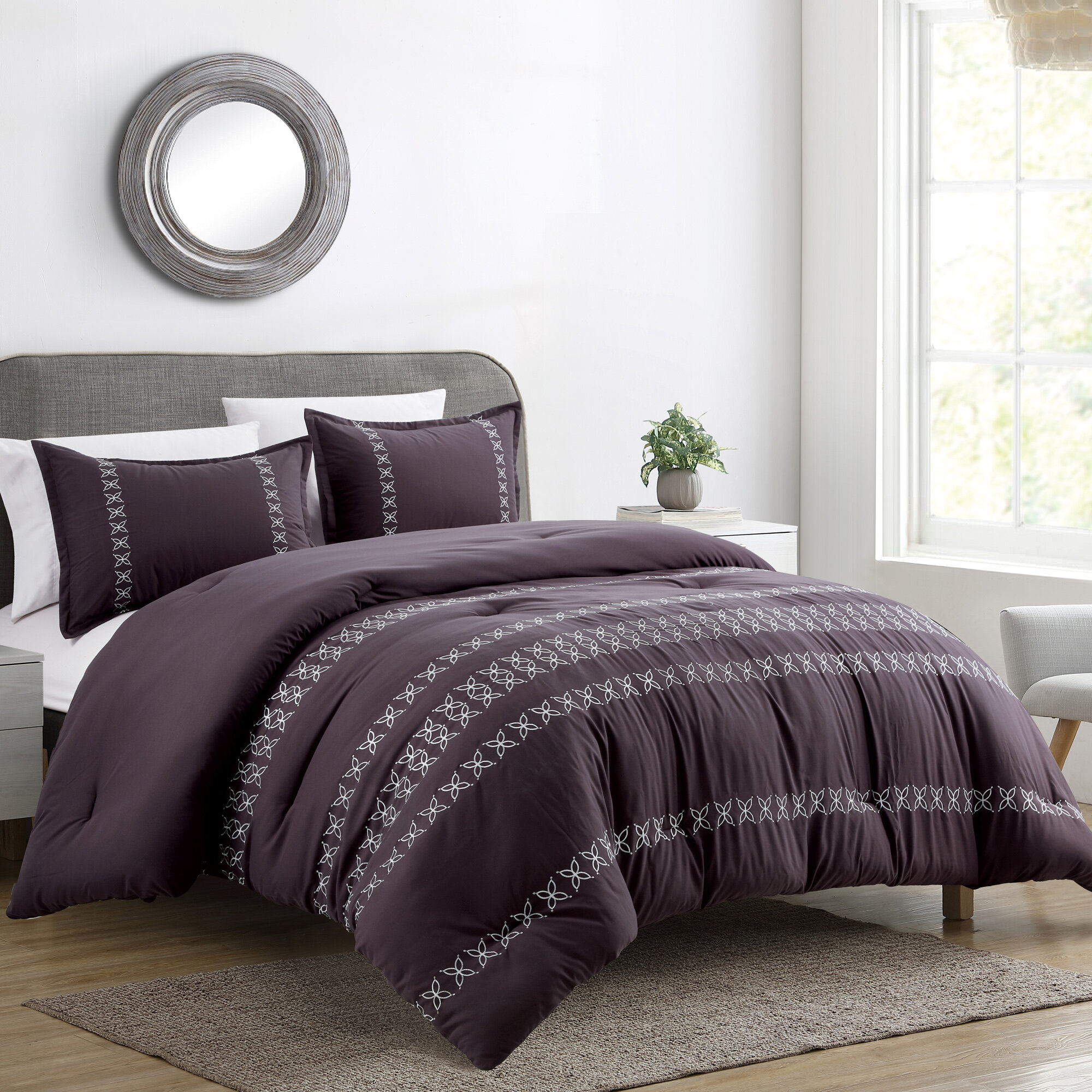 Modern 7pc Plum Purple & Grey Microsuede Comforter Set AND Decorative Pillows 