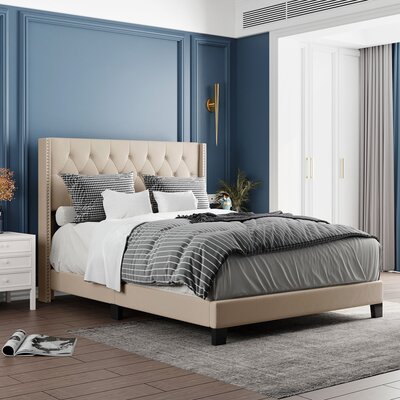 Queen Size Upholstered Platform Bed With Classic Headboard