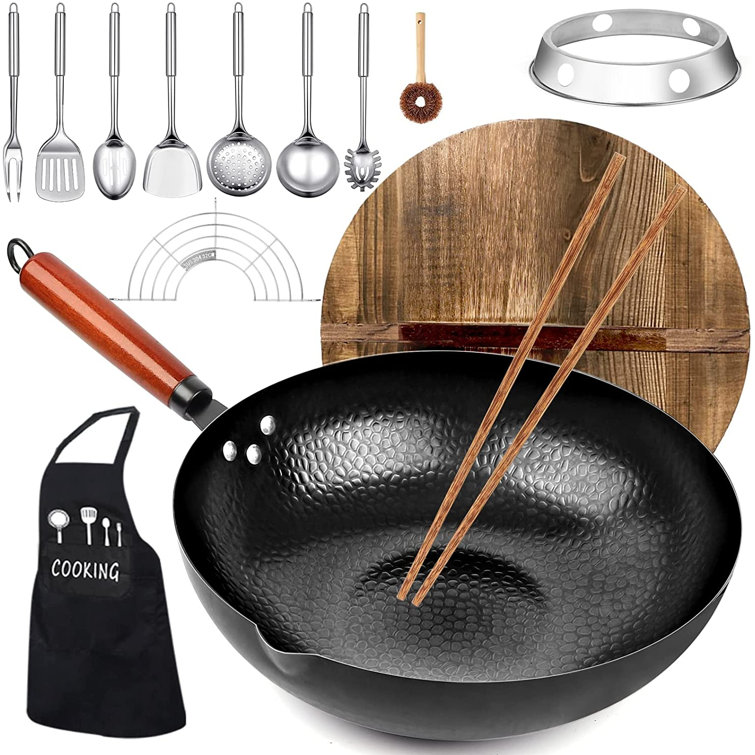 Carbon Steel Wok Stir Fry Pan Flat Bottom Pan Iron Wok with lid 