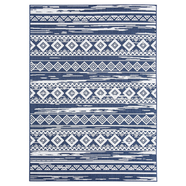 Union Rustic Eveloe All Weather Tribal Motif Navy Blue Indoor Outdoor Area Rug Wayfair