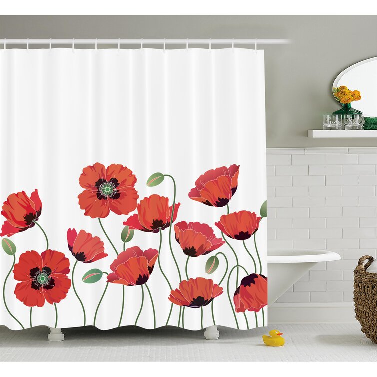 Flower Bathroom Shower Curtain Wild red poppies and hill Waterproof Fabric 70" 