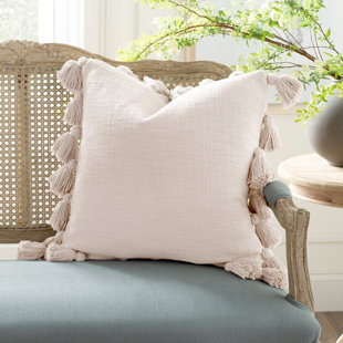 Bloomingville A14208522 Beige Square Cotton Pillow with Corner Tassels 