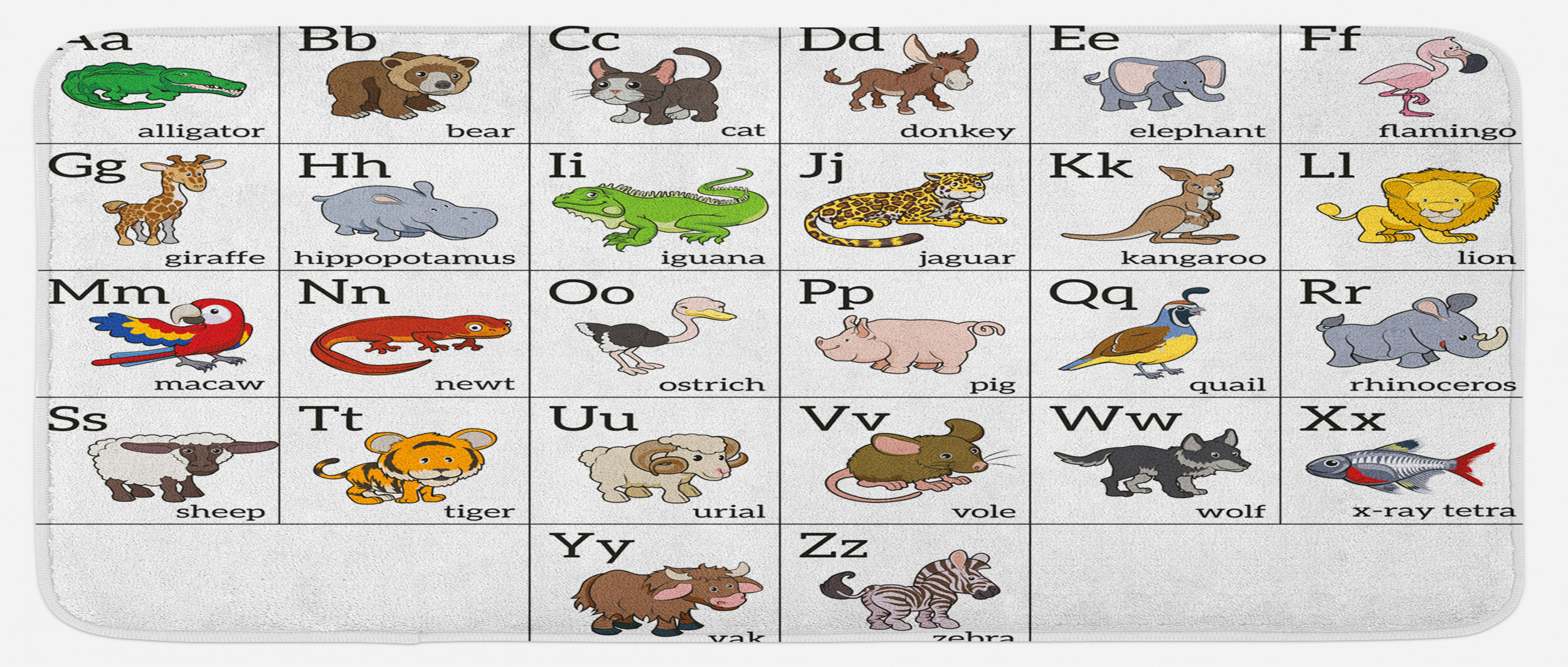 East Urban Home Alphabet Learning Chart With Cartoon Animals Names Letters Upper And Lowercase Multicolor Kitchen Mat Wayfair