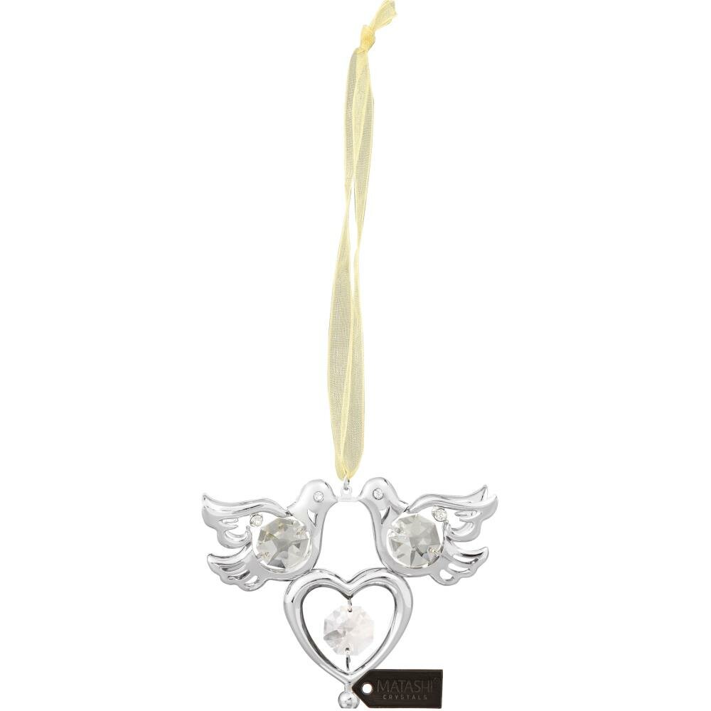 Matashi Chrome Plated Crystal Studded Silver Love Doves Birds Hanging Ornament with Heart Gift for Valentine's Day 