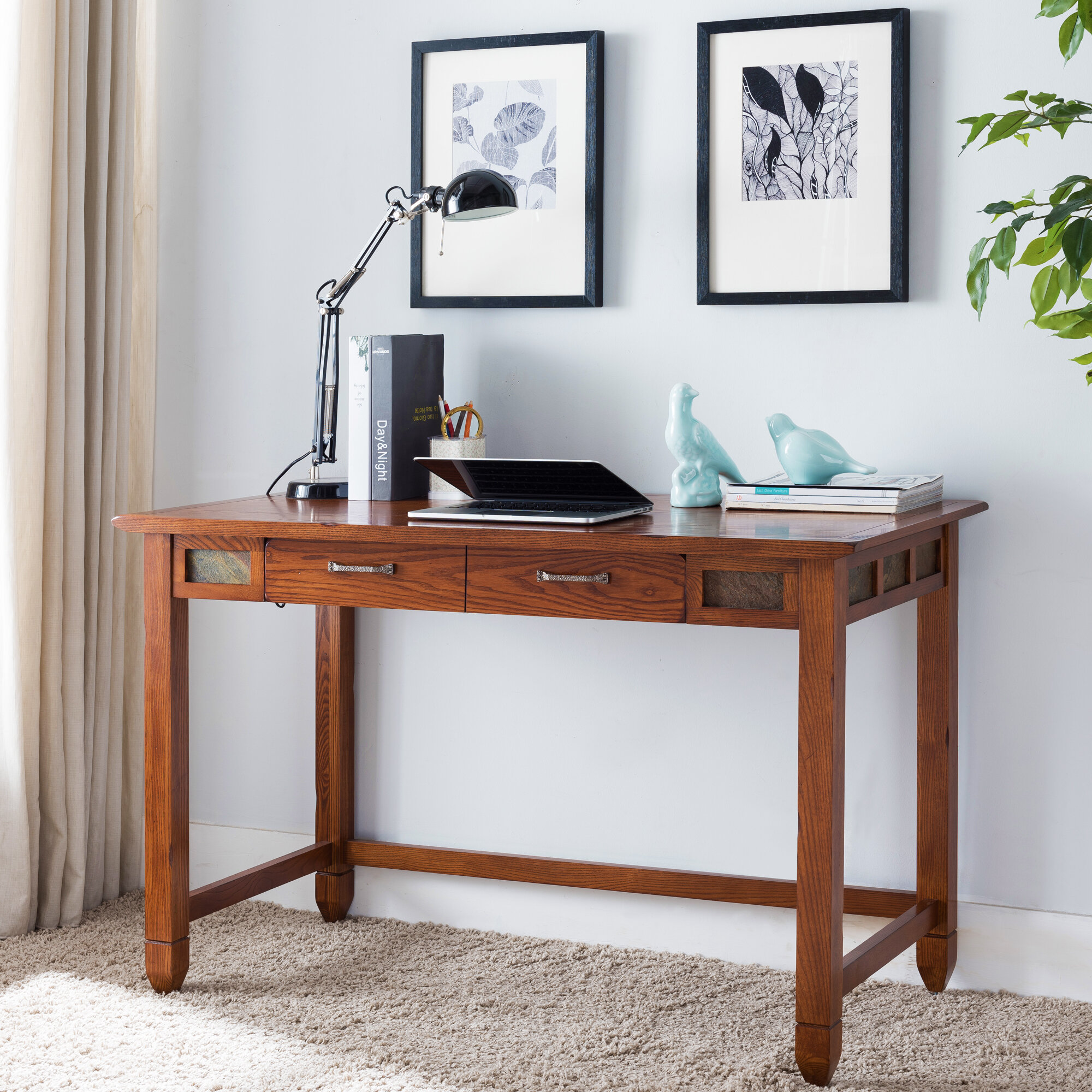 Charlton Home Rustic Oak Slate Tile Laptop Desk With Centre