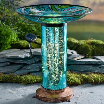 Glass Fish-Motif Solar and Lighted Bird Bath