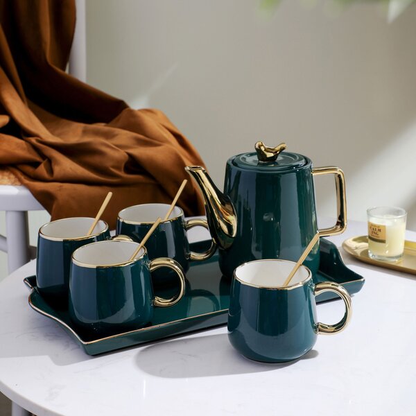Contemporary Art Decor Porcelain tea set 5 pcs In Wooden Gift Box 
