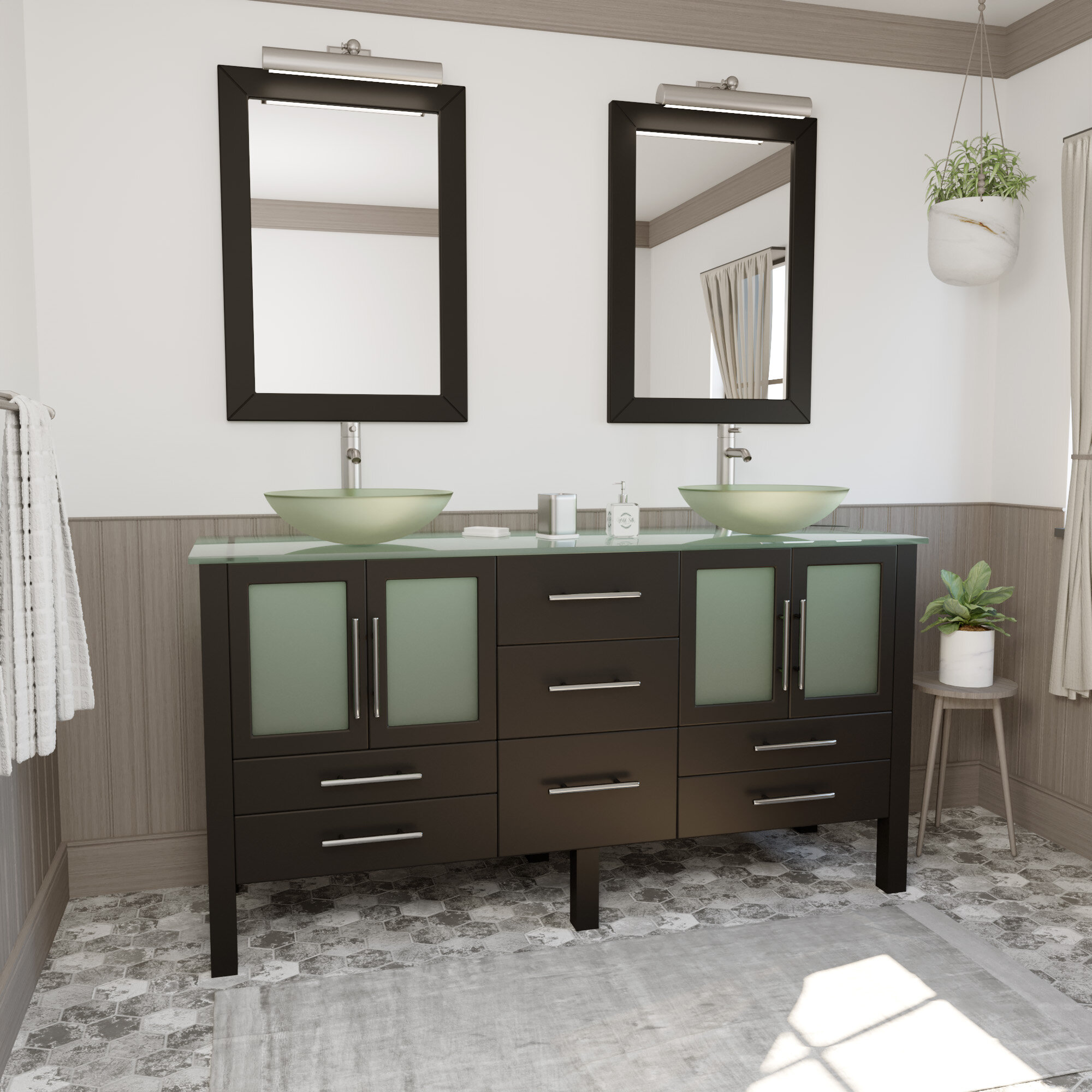 Brayden Studio Meserve Solid Wood And Glass Vessel 64 Double Bathroom Vanity Set With Mirror Wayfair