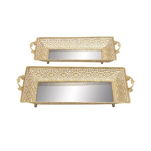 2 Piece Metal Mirror Tray Set