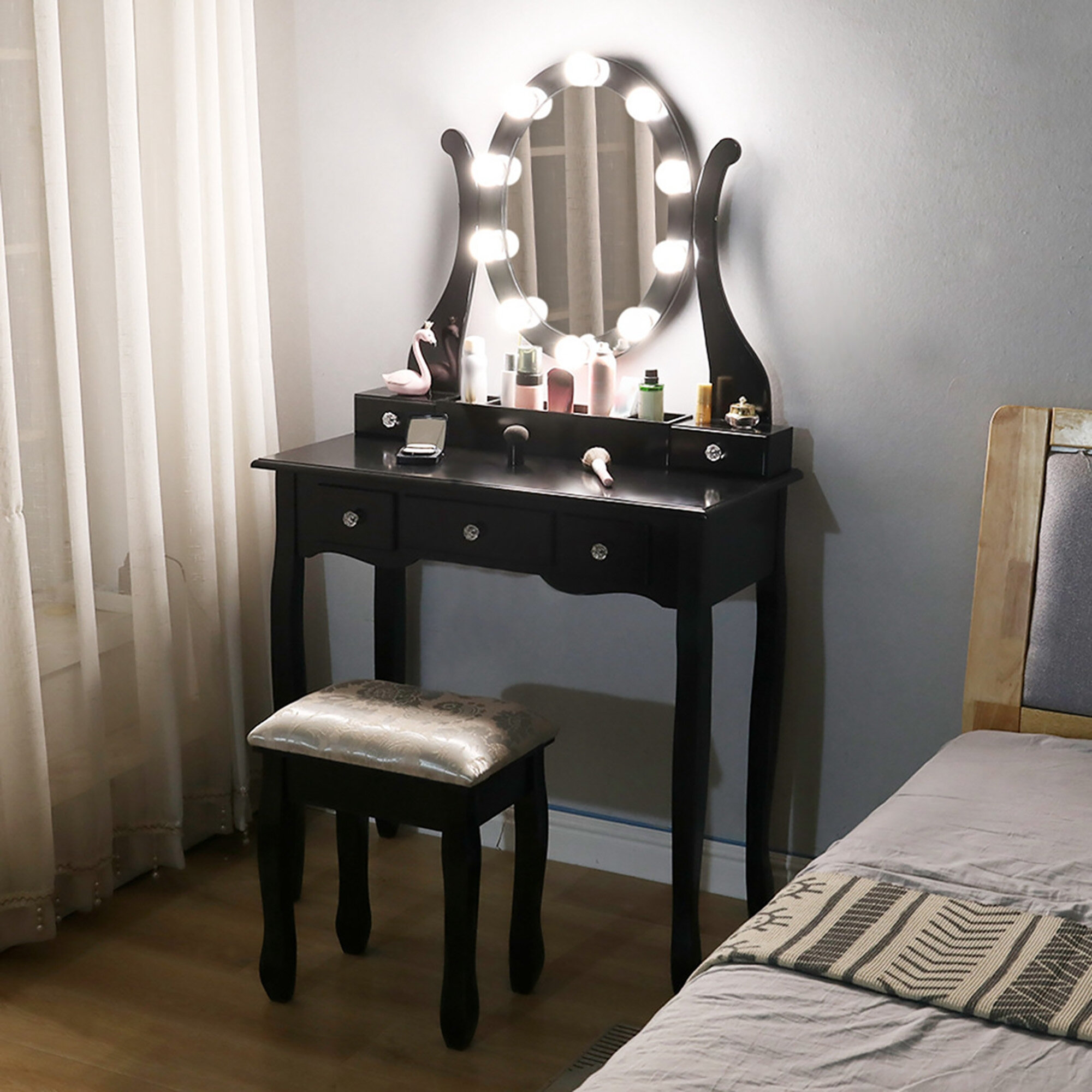 Details about   Vanity Set W/12 LED Lighted Mirror Cushioned Stool Dressing Table Makeup Table 