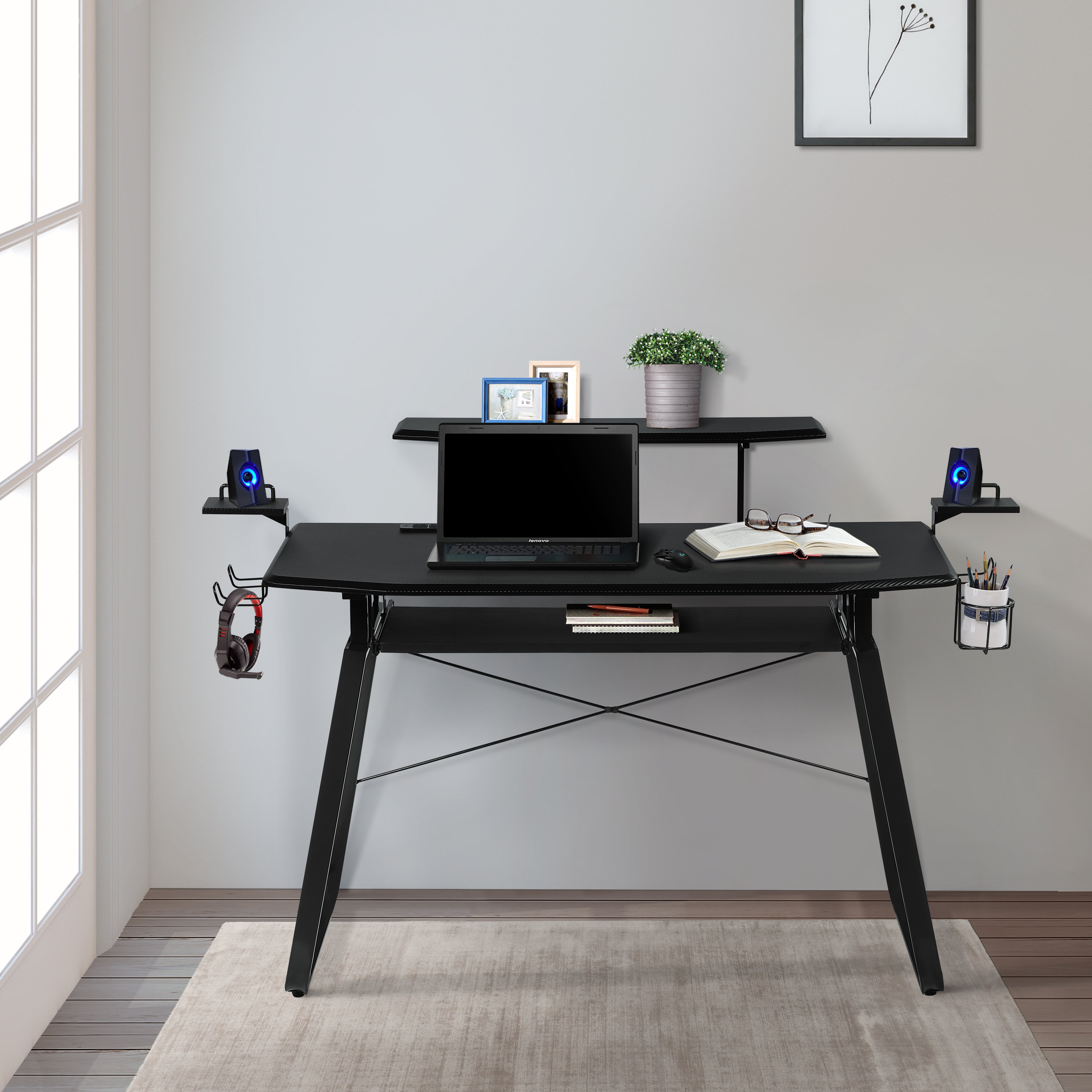 Inbox Zero Kaloyan Gunmetal Gaming Desk with USB Ports Wayfair