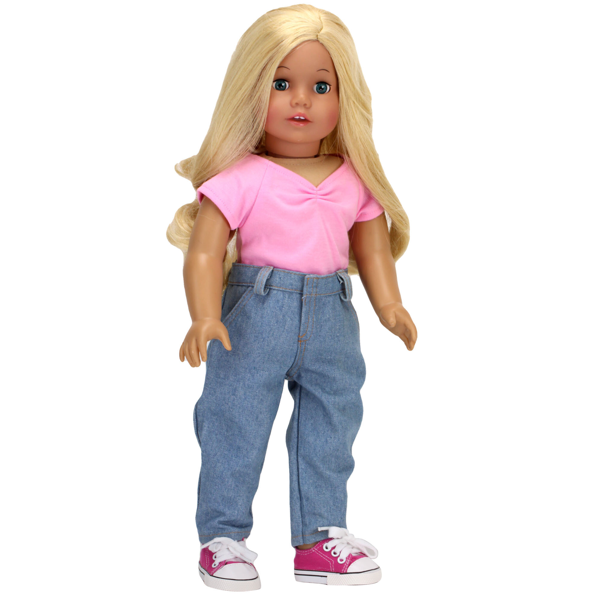 Fits American Girl Doll 18 Inch Doll Clothing 2 Pc Set of Denim Doll Jeans & Satin Floral Blouse Sophia's 