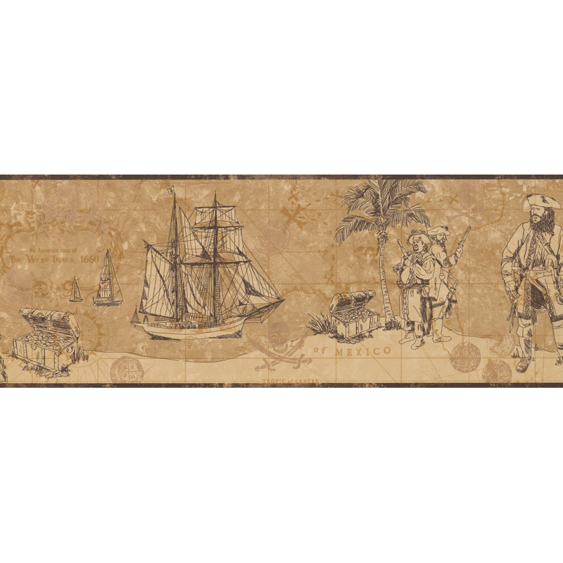 York Wallcoverings Pirates Map Chest Of Gold Frigate Sail Ship 15