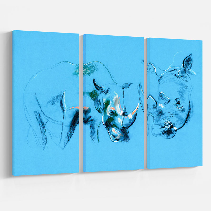 East Urban Home Animals Rhinoceros Painting In Blue Background