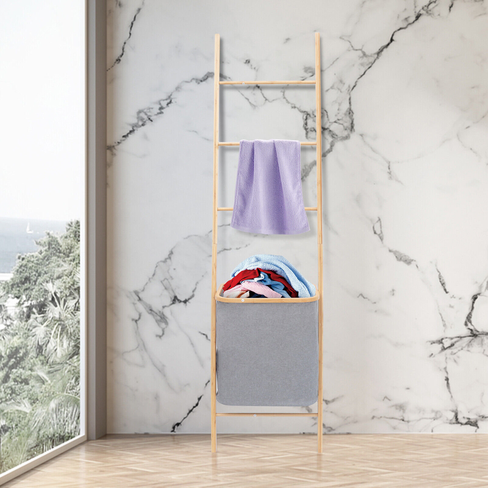 Latitude Run® Bamboo Laundry Basket Bath Towel Ladder Rack Laundry