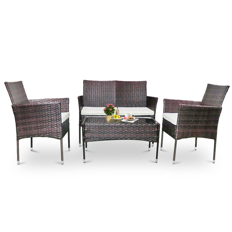 Bay Isle Home Contemporary 4 Pieces Pe Wicker Rattan Patio Furniture Set Outdoor Conversation Set With Cushions And Coffee Table With Tempered Glass Top Wayfair Ca