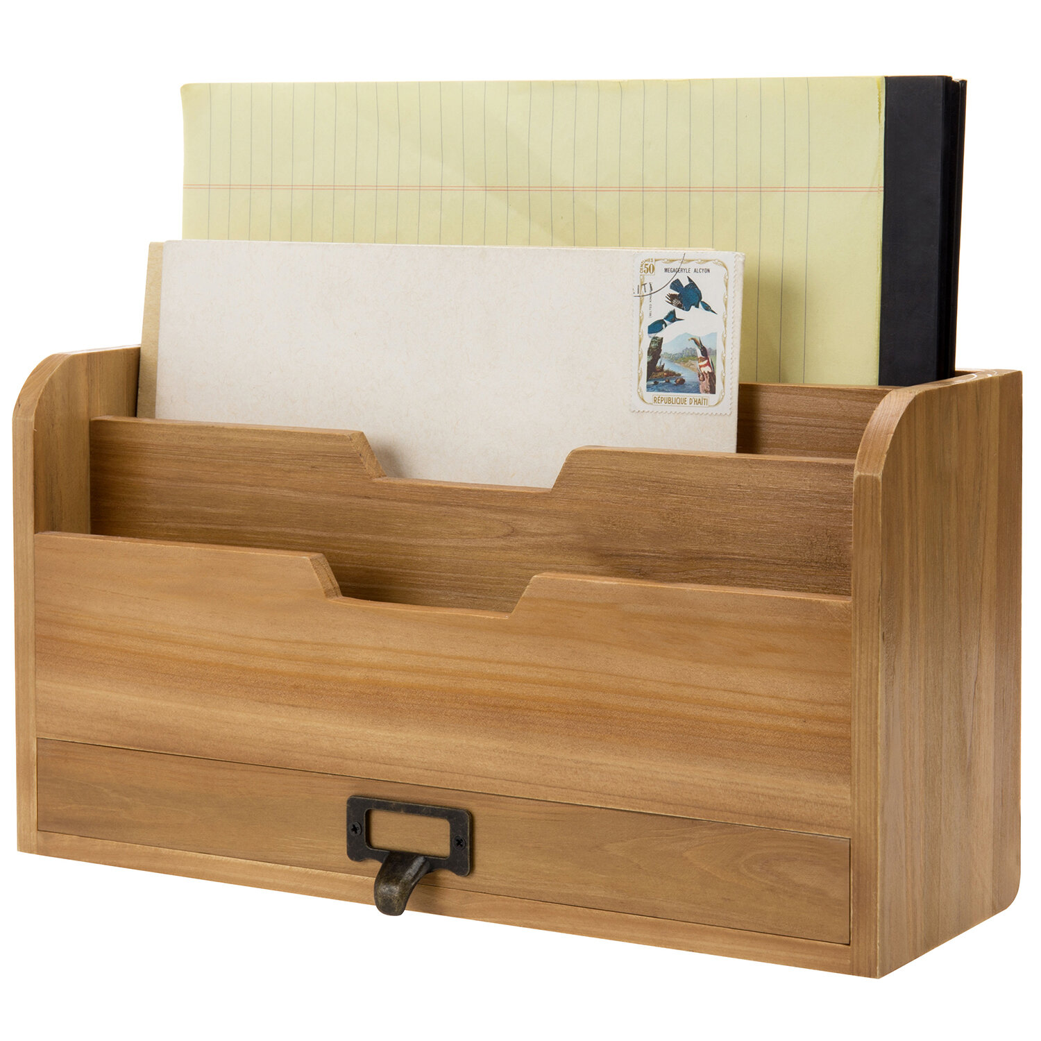Tissue Holder Mail Sorter 3 Slot Wood Cat Office Desktop Vertical File Organizer 